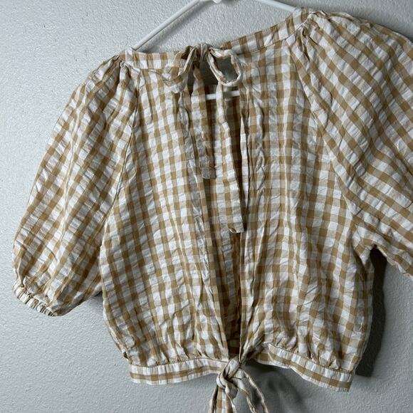BP Gingham Balloon Sleeve Cotton Top Ivory Beige Size Small Chic leisure - Picture 8 of 8